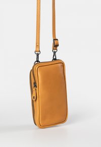 Leather crossbody bag in yellow-orange, featuring a rectangular shape, zipper closure, and an adjustable strap with metal hardware.