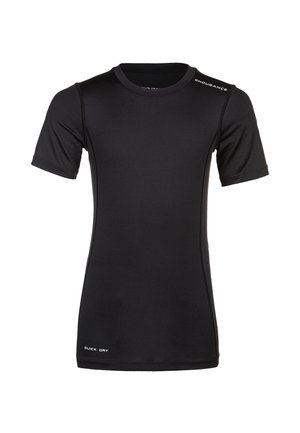 Zwart trainingsshirt met korte mouwen, met "ENDURANCE" op de schouder en "QUICK DRY" nabij de zoom, met een gladde, aansluitende pasvorm.