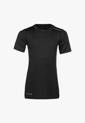 Sort kortærmet træningsshirt med "ENDURANCE" på skulderen og "QUICK DRY" nær kanten, glat tætsiddende design.