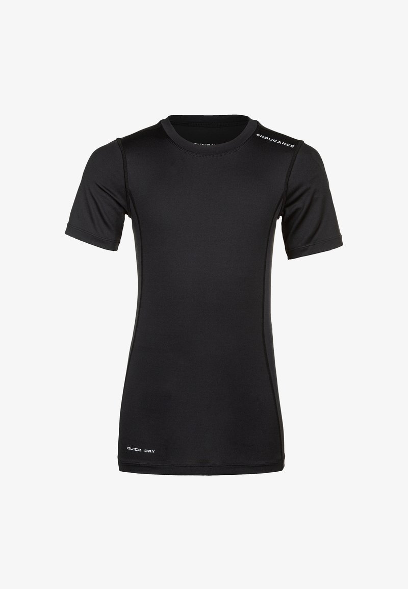 T-shirt de sport noir à manches courtes avec "ENDURANCE" sur l'épaule et "QUICK DRY" près de l'ourlet, design ajusté et lisse.