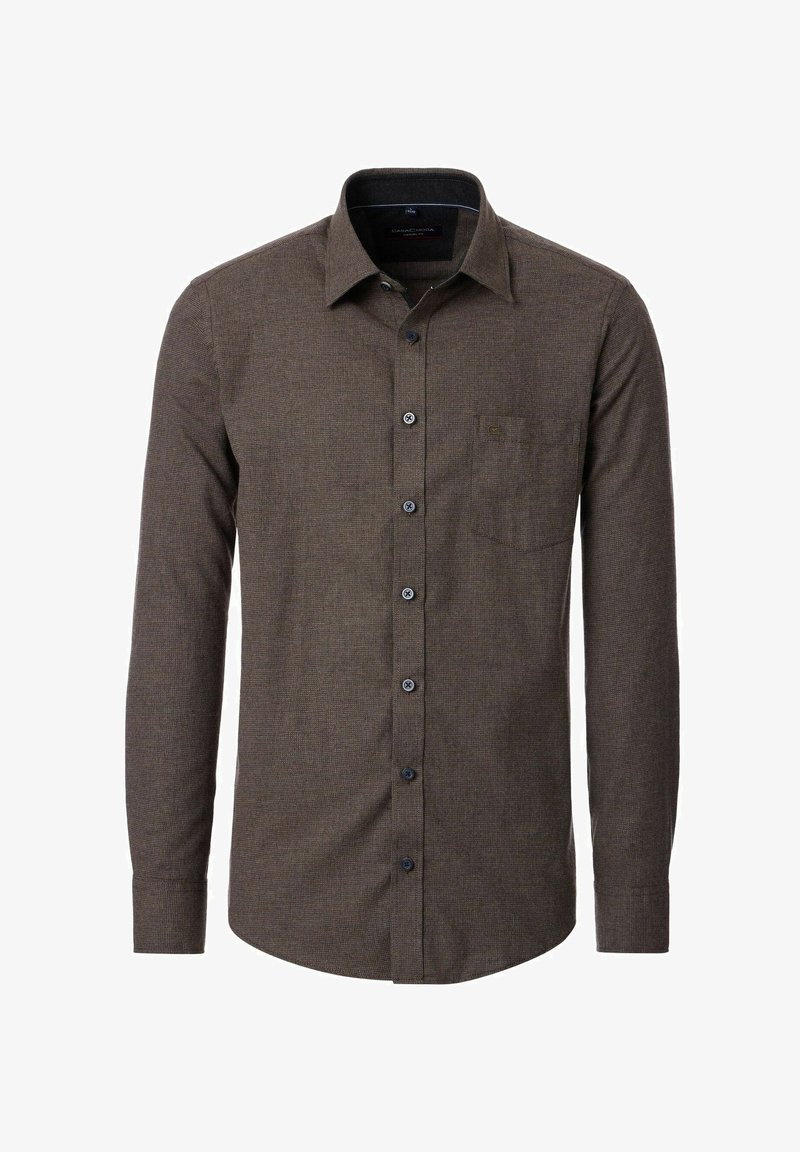 Bruine overhemd met lange mouwen, knoopsluiting, kraag en borstzak, gemaakt van gestructureerde stof.