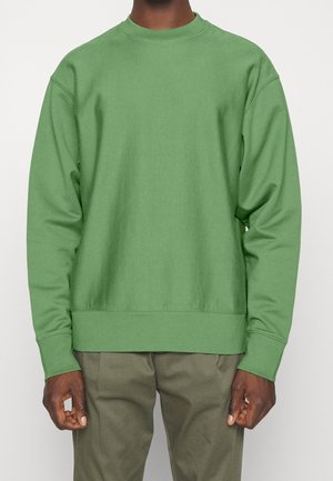 Man met een effen groene crewneck trui en olijfgroene broek, getoond van nek tot halverwege de dij, staand tegen een neutrale achtergrond.