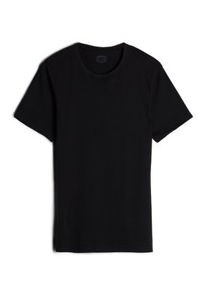 Schwarzes T-Shirt mit kurzen Ärmeln aus weichem Stoff, mit Rundhalsausschnitt und geradem Schnitt, ohne Muster oder Akzente.