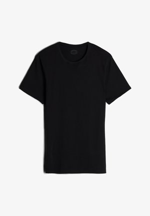 Zwarte T-shirt met korte mouwen, gemaakt van zachte stof, met een ronde hals en een rechte snit, zonder patronen of accenten.