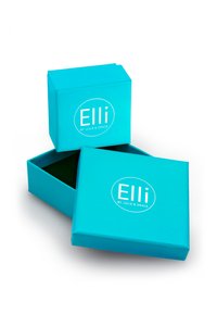 Boîte cadeau turquoise avec une finition lisse, affichant le nom de la marque "Elli" en texte blanc sur le devant. Une boîte est ouverte, révélant un intérieur vert.