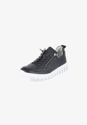 Baskets en cuir noir avec fermeture éclair latérale, lacets noirs, semelle épaisse blanche et languette au talon, vue en angle sur fond blanc.