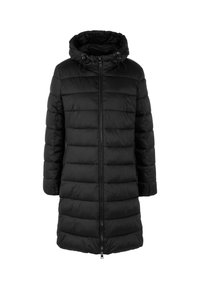 Schwarze Daunenjacke mit Kapuze, mit Reißverschluss vorne, gestepptem Design mit horizontalen Paneelen und elastischen Kordelzügen am Hals.