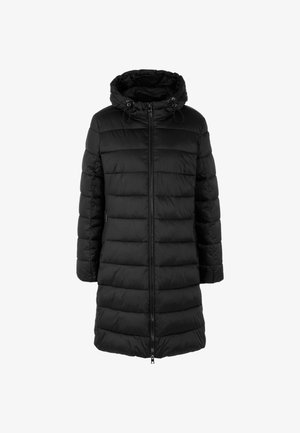 Schwarze Daunenjacke mit Kapuze, mit Reißverschluss vorne, gestepptem Design mit horizontalen Paneelen und elastischen Kordelzügen am Hals.