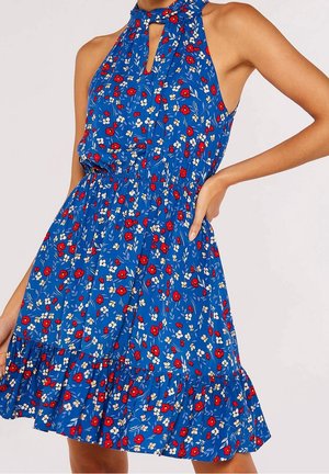 Mouwloze blauwe jurk met rood-witte bloemenprint, hoge hals met keyhole, geplooide taille en geruchte zoom gedragen door een persoon.