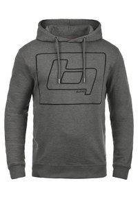 Donkergrijze hoodie met een zwart geometrisch omtrekdesign aan de voorkant en het woord "BLEND" gedrukt binnen de vorm.