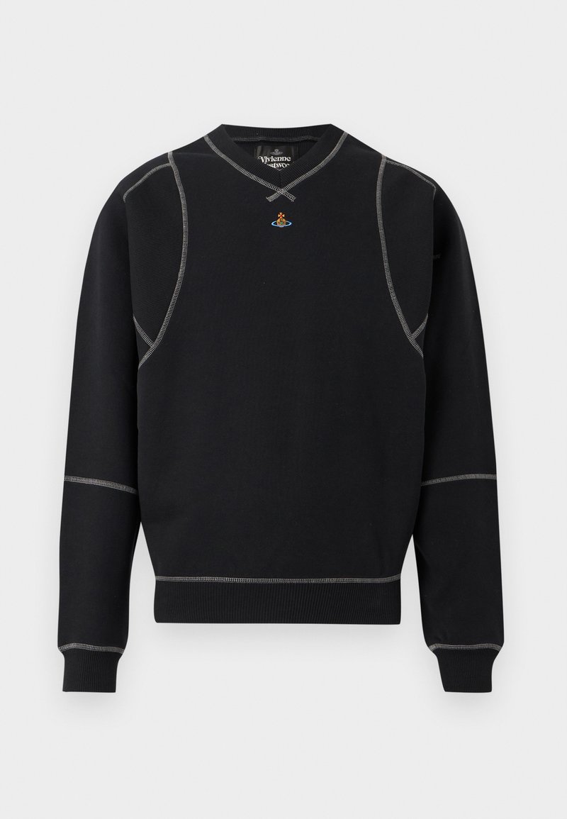 Felpa nera a maniche lunghe con scollo rotondo, dettagli di cuciture grigie e piccolo logo multicolore centrato sotto l'orlo del collo.