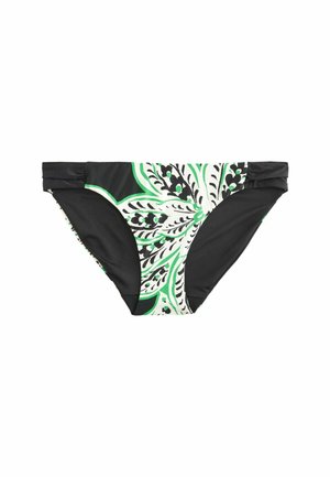 Schwarze Bikiniunterteile mit grünen und weißen Blumenmustern und gerafften Details an den Seiten, flach auf einem weißen Hintergrund ausgelegt.