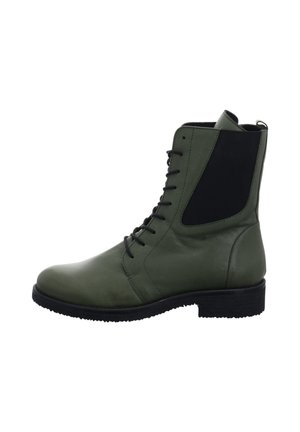 Green leather ankle boot with black elastic side and lace-up front. Features a rounded toe and textured black rubber sole.