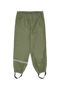 Wasserfeste olivgrüne Hose mit einem elastischen Bund, reflektierenden Streifen und verstellbaren Riemen an den Knöcheln. Glatte, glänzende Textur.