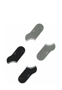 Vier Paare von Knöchelsocken in Schwarz und Grau, aus einem Baumwollgemisch, mit einem kontrastierenden weißen Streifen am Bündchen und einem Logo an der Seite.