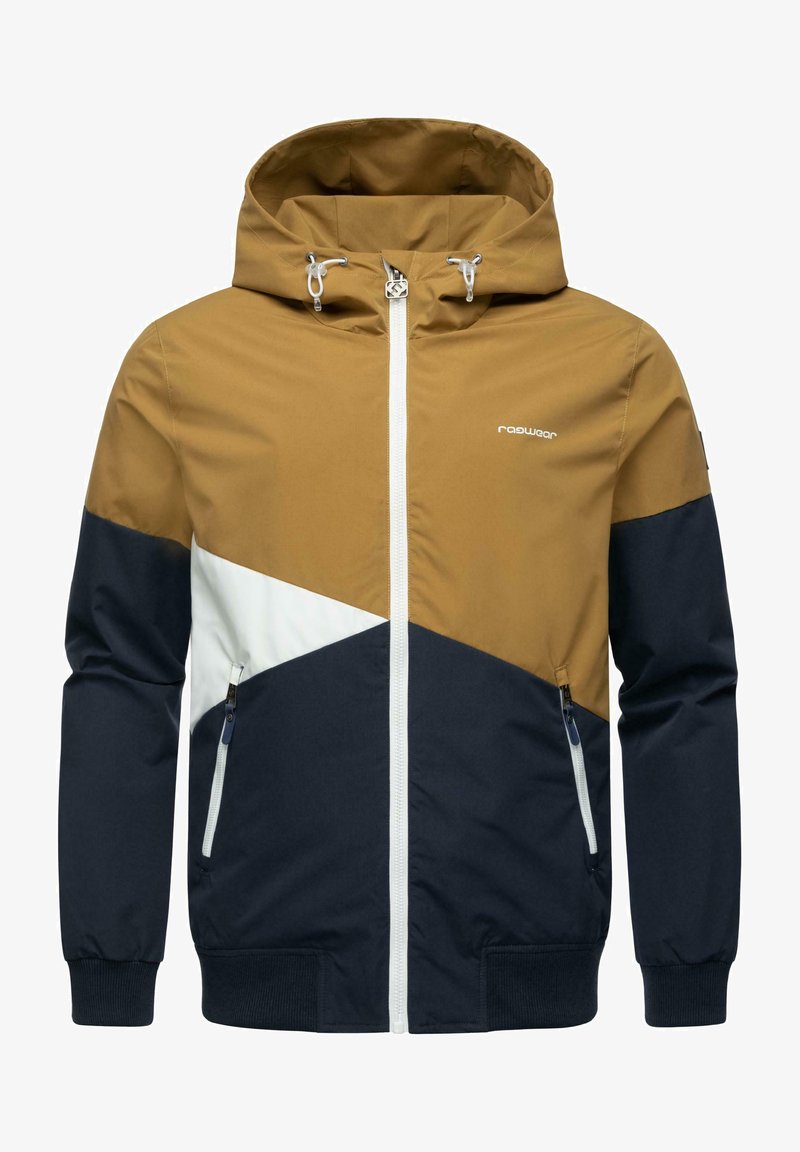 Jaket v rjavih in mornarsko modrih barvah z belim pasom, z zadrgo spredaj, nastavljivo kapuco in dvema stranskima žepoma. Narejen iz gladkega materiala.