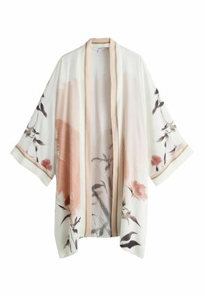 White and beige floral kimono-style cardigan with wide sleeves and open front, featuring soft pink and gray botanical patterns.