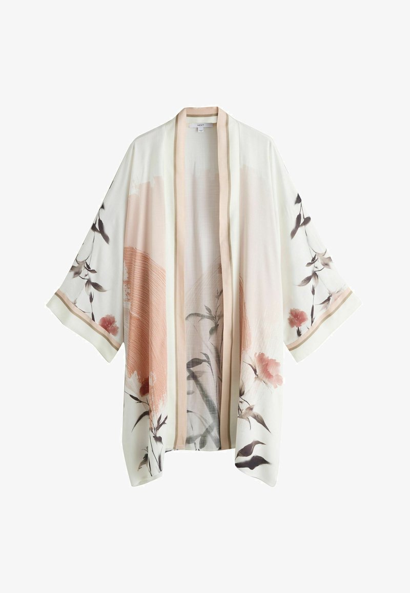 Cardigan kimono blanc et beige à larges manches et ouverture frontale, présentant des motifs botaniques doux rose pâle et gris.