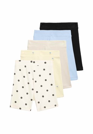 Fünf Paar Kinder-Shorts in Schwarz, Hellblau, Beige, Hellgelb mit kleinen Blumen und Weiß mit schwarzen Punkten, übereinander gestapelt.