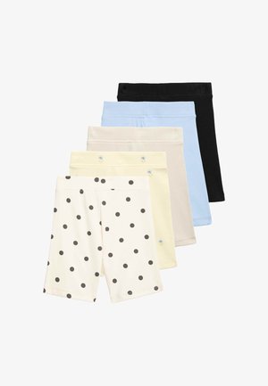 Fünf Paar Kinder-Shorts in Schwarz, Hellblau, Beige, Hellgelb mit kleinen Blumen und Weiß mit schwarzen Punkten, übereinander gestapelt.