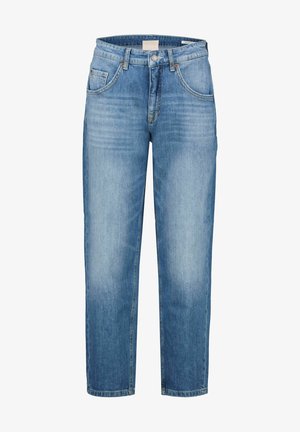 Světle modré džínové kalhoty s uvolněným střihem, obsahující pět kapes, zapínání na knoflík a jemné vybledlé detaily po celé látce.