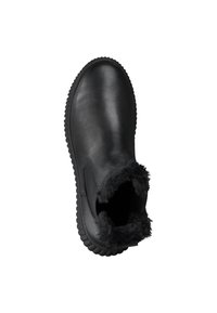 Bottine noire en cuir lisse, dotée d'une doublure en fourrure douce, d'un bout arrondi et d'une semelle en caoutchouc texturé pour une meilleure adhérence.