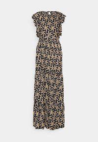 Robe maxi avec un fond noir, ornée d'un motif floral en or et crème, avec des manches volantes et une taille cintrée.