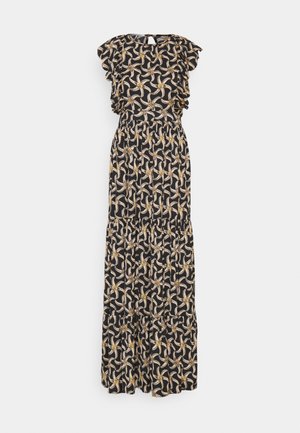 Maxi-jurk met een zwarte achtergrond, voorzien van een bloemenpatroon in goud en room, met ruches op de mouwen en een getailleerde taille.