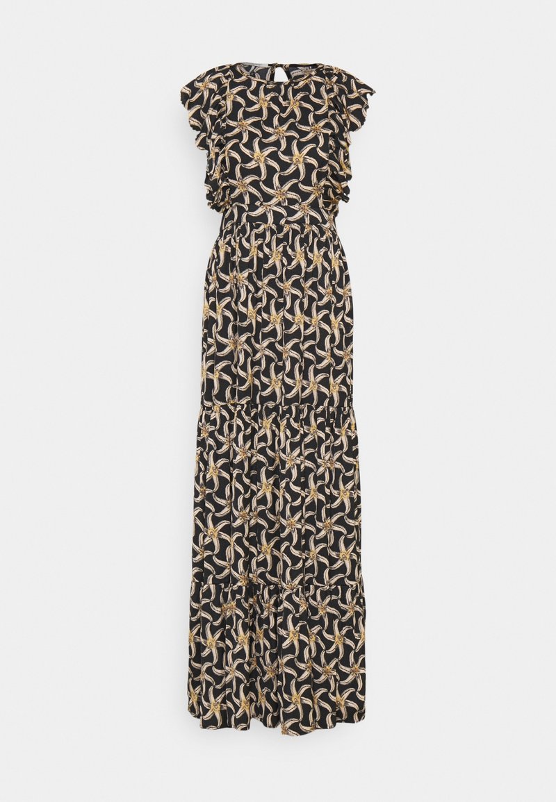 Robe maxi avec un fond noir, ornée d'un motif floral en or et crème, avec des manches volantes et une taille cintrée.