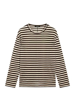 Black and white striped long-sleeve t-shirt with a crew neckline, made of soft material, featuring even horizontal stripes throughout.