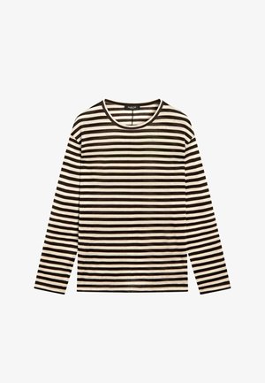 Black and white striped long-sleeve t-shirt with a crew neckline, made of soft material, featuring even horizontal stripes throughout.