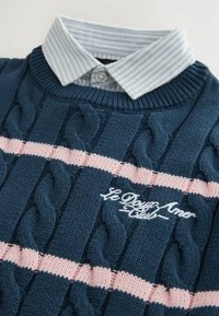 Pull en maille torsadée bleu marine avec des rayures horizontales roses. Présente une chemise à col rayée bleu clair et blanche en dessous. Détail logo brodé.