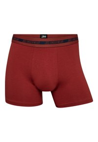 Calzoncillos rojos de tela suave con una cinturilla elástica azul marino que presenta el logotipo "JBS UNDERWEAR". Ajuste clásico con un compartimento contorneado.