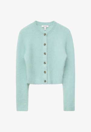 Cardigan court bleu clair en tissu duveteux, manches longues, col rond et poignets côtelés, et six boutons brun sur le devant.