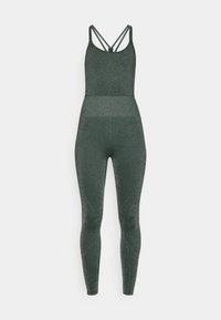 Grønt, tætsiddende træningsjumpsuit med en tekstureret, skinnende finish. Har tynde, krydsede skulderstropper og en høj talje.