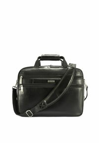 Czarna skórzana teczka z dwoma górnymi uchwytami i regulowanym paskiem na ramię. Wyposażona w liczne zamykane na zamek przegrody oraz tłoczone logo.