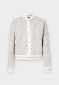 Leichte, gemusterte Bomberjacke in Creme und Beige mit blauen Akzenten. Verfügt über einen gerippten Kragen, Bündchen und eine Knopfverschluss.