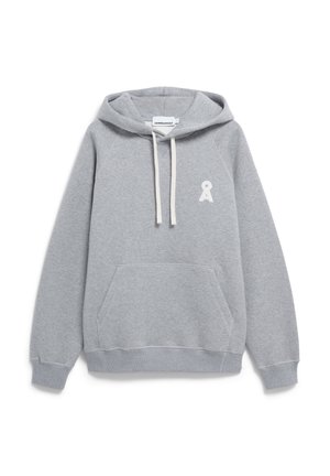 Sweat à capuche gris en mélange de coton doux. Dispose d'une poche avant, de manches raglan et d'un petit motif en ruban blanc sur la poitrine.