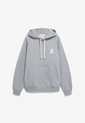 Gray pullover hoodie made of soft cotton blend. Features a front pocket, raglan sleeves, and a small white ribbon design on the chest.