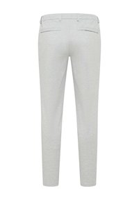 Light gray trousers with a smooth texture, slim fit, and stitched detailing. Features dual pockets at the back.