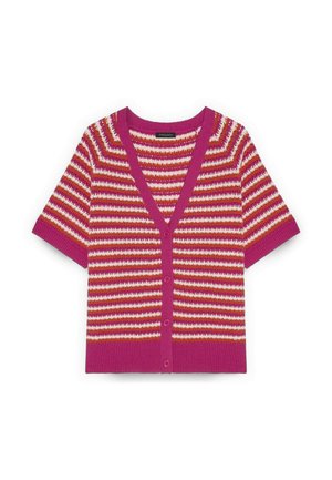 Strikcardigan med korte ærmer i pink, orange og hvide vandrette striber og lyserød knaplukning foran.