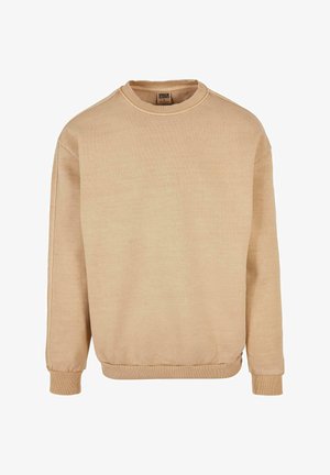 Beige sweatshirt lavet af et blødt stof, med rund halsudskæring, ribbede manchetter og en afslappet pasform. Ingen grafik eller pynt er til stede.