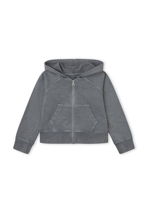 Sudadera gris para niño con cremallera, bolsillos delanteros y capucha, hecha de tela suave con puños y dobladillo acanalados.