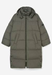 Long olive green padded winter coat with a high collar, detachable hood, front zipper, side pockets, and snap button details at the hem.