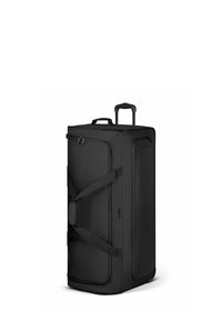 Borsa a duffle nera realizzata in tessuto resistente, dotata di manico retrattile, due cinghie laterali e scomparti con cerniera per una conservazione sicura.