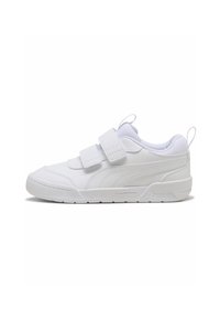 Baskets blanches avec une tige en cuir lisse, deux bandes velcro, bout rond et semelle en caoutchouc texturée. Dispose d'une tirette au niveau du talon.