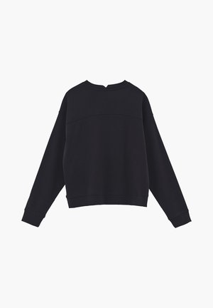 Sudadera negra de manga larga con cuello redondo y puños acanalados, mostrada plana desde atrás sobre un fondo blanco.