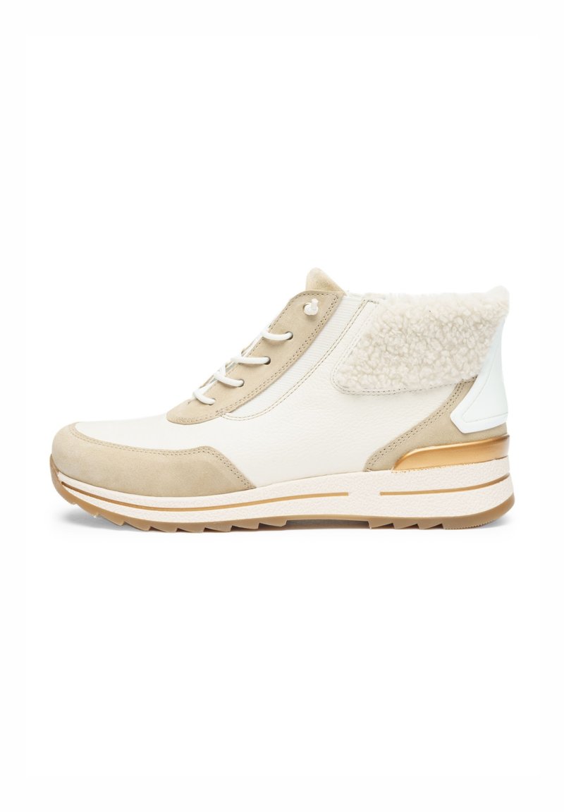 Beige and white high-top sneaker made of leather and suede, featuring a fluffy collar, textured accents, and a rubber sole with a gold detail.