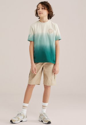 Poiss, kes kannab türkiissinise ja valge ombre-t-särki, beeže kargo-pükse, valgeid sokke beežide triipudega ning beeže ja valgeid tossusid, seisab ühevärvilise tausta ees.