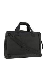 Czarna prostokątna miękka teczka na dokumenty z wyściełanymi uchwytami i regulowanym paskiem na ramię leży płasko na białym tle.